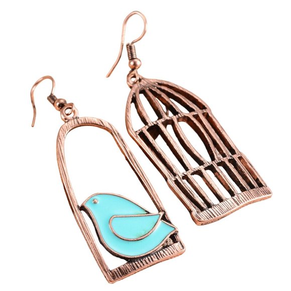NEW Asymmetric Blue Birdcage Bird Cage Antique Bronze Dangle Earring - Present! - Picture 2 of 8